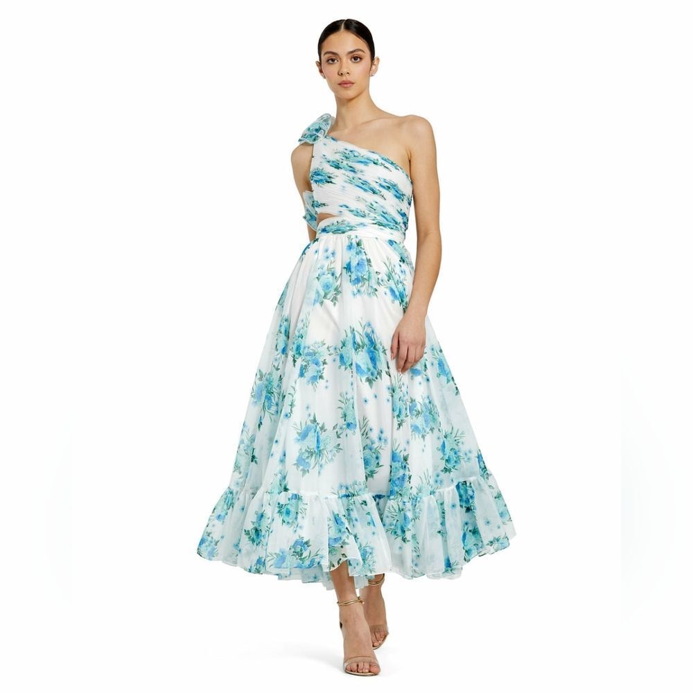 Mac Duggal Blue Floral One-Shoulder Midi Dress